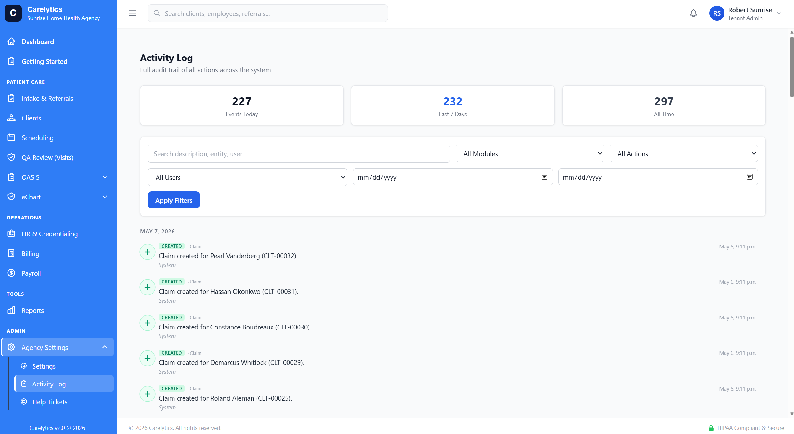 Activity audit log — every CRUD + login + export with user, IP, timestamp, and field-level diff