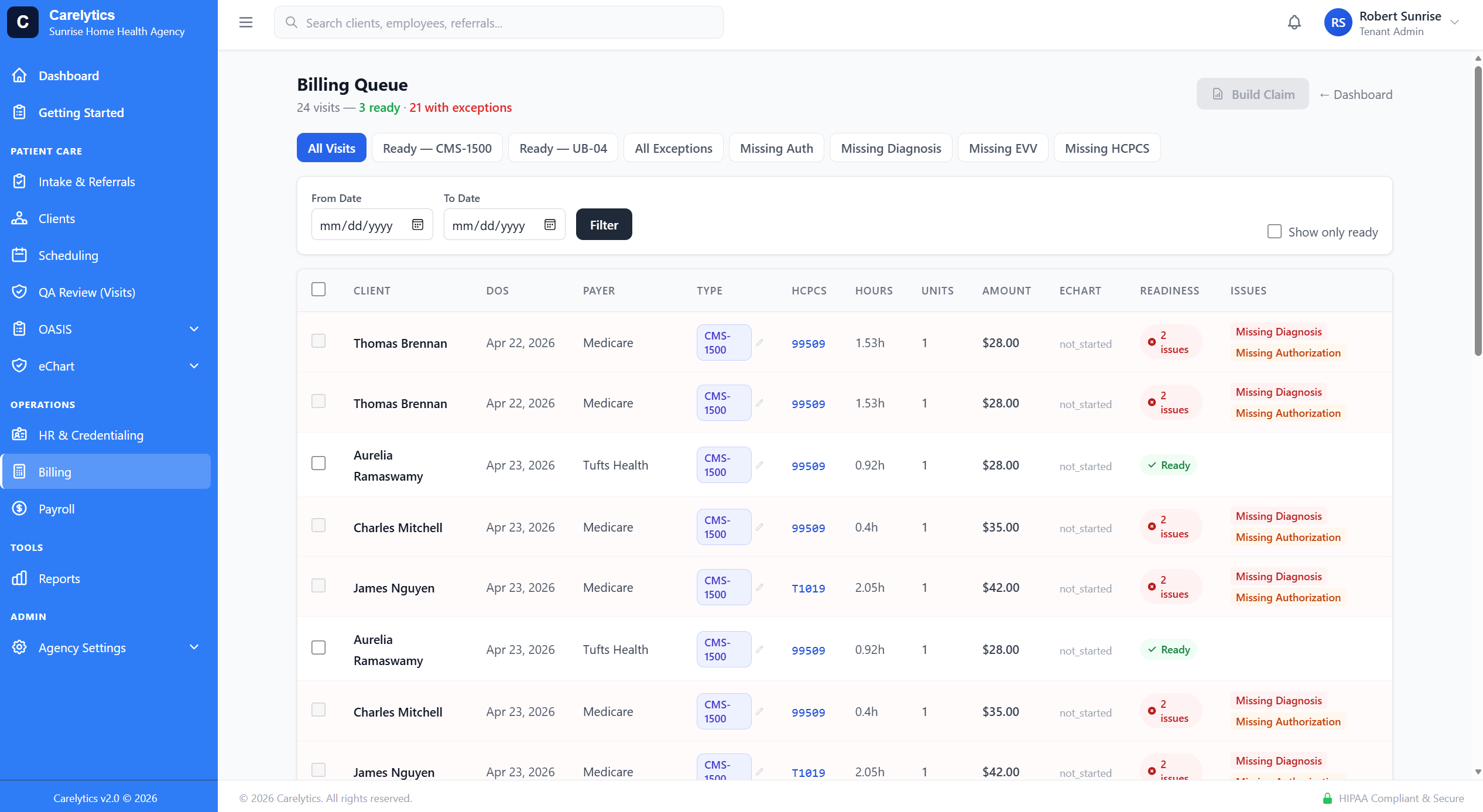 Billing queue — held claims with structured reason badges (missing_dx, missing_auth, missing_evv)