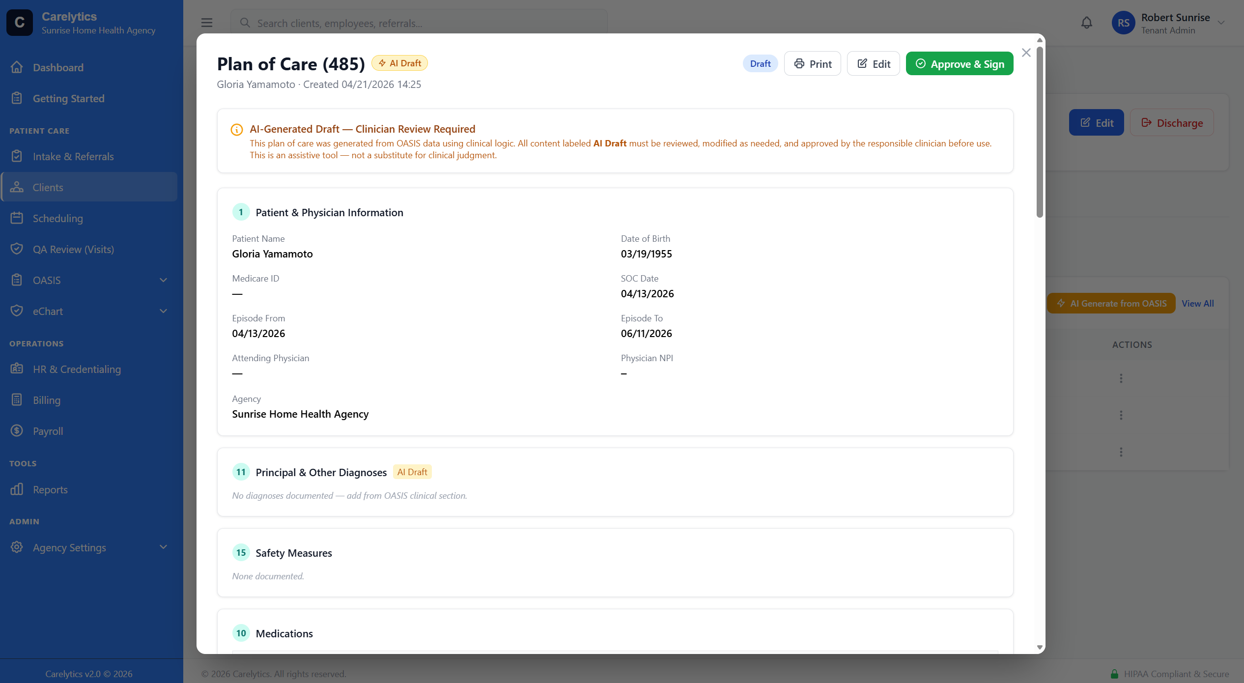 CMS-485 print view — all 28 sections numbered with signature block in official format
