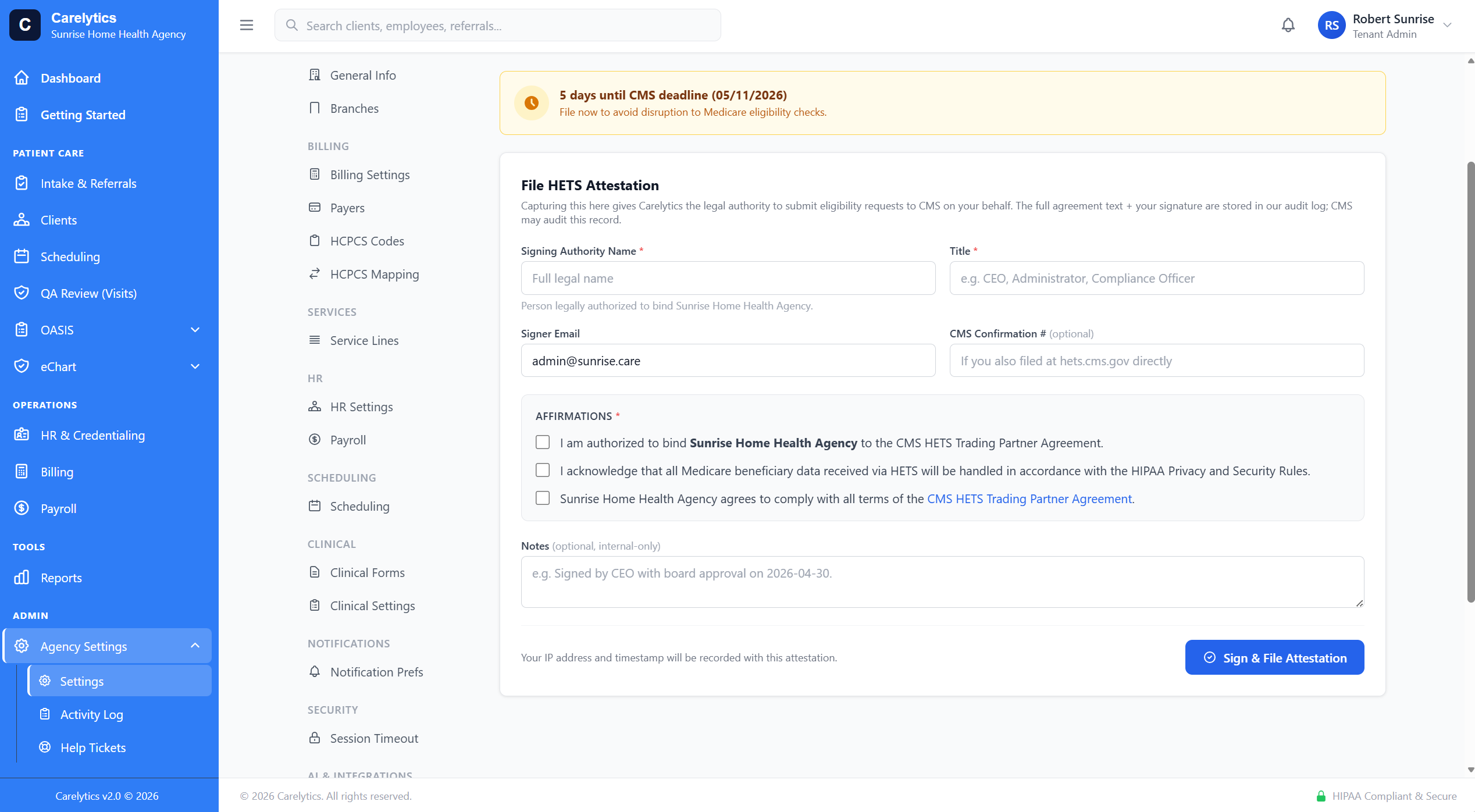 In-platform HETS Trading Partner attestation form — signer name, title, agreement version, signature
