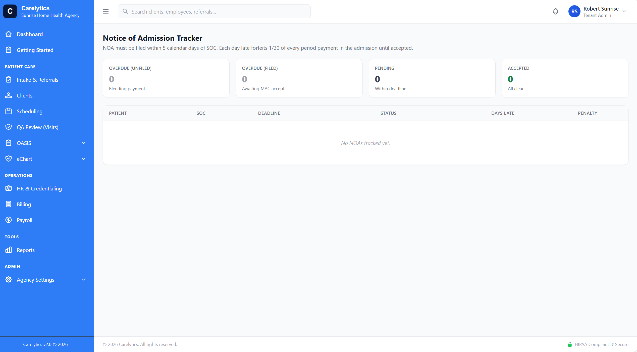 NOA Tracker — per-patient 5-day countdown, daily penalty math, status badges, one-click clearinghouse submission