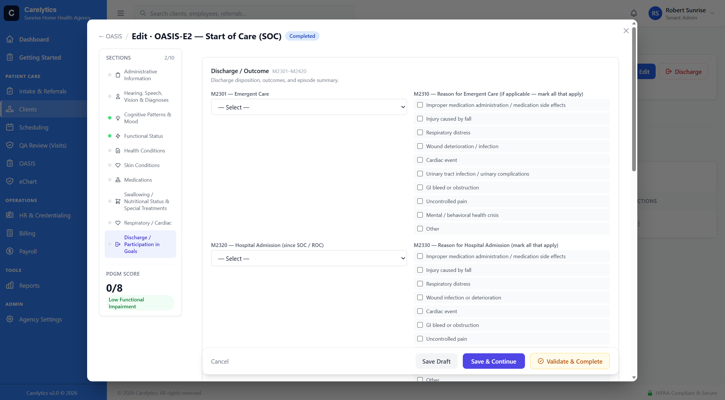 OASIS-E2 form in edit mode — sticky left section nav, completion dots, visit-link banner