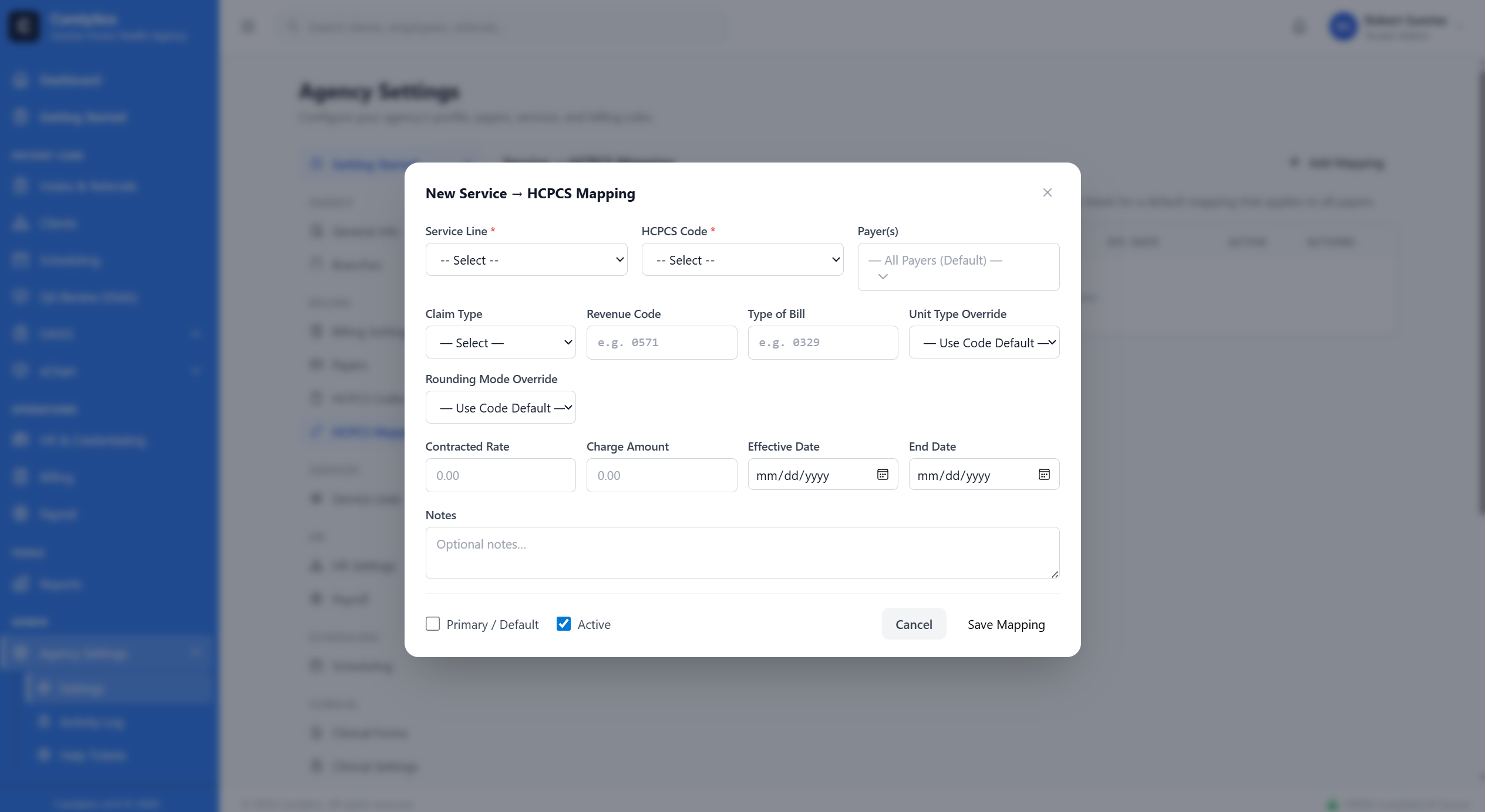 Per-payer rate mapping table — rate, rounding mode, unit type per (HCPCS × payer) combination