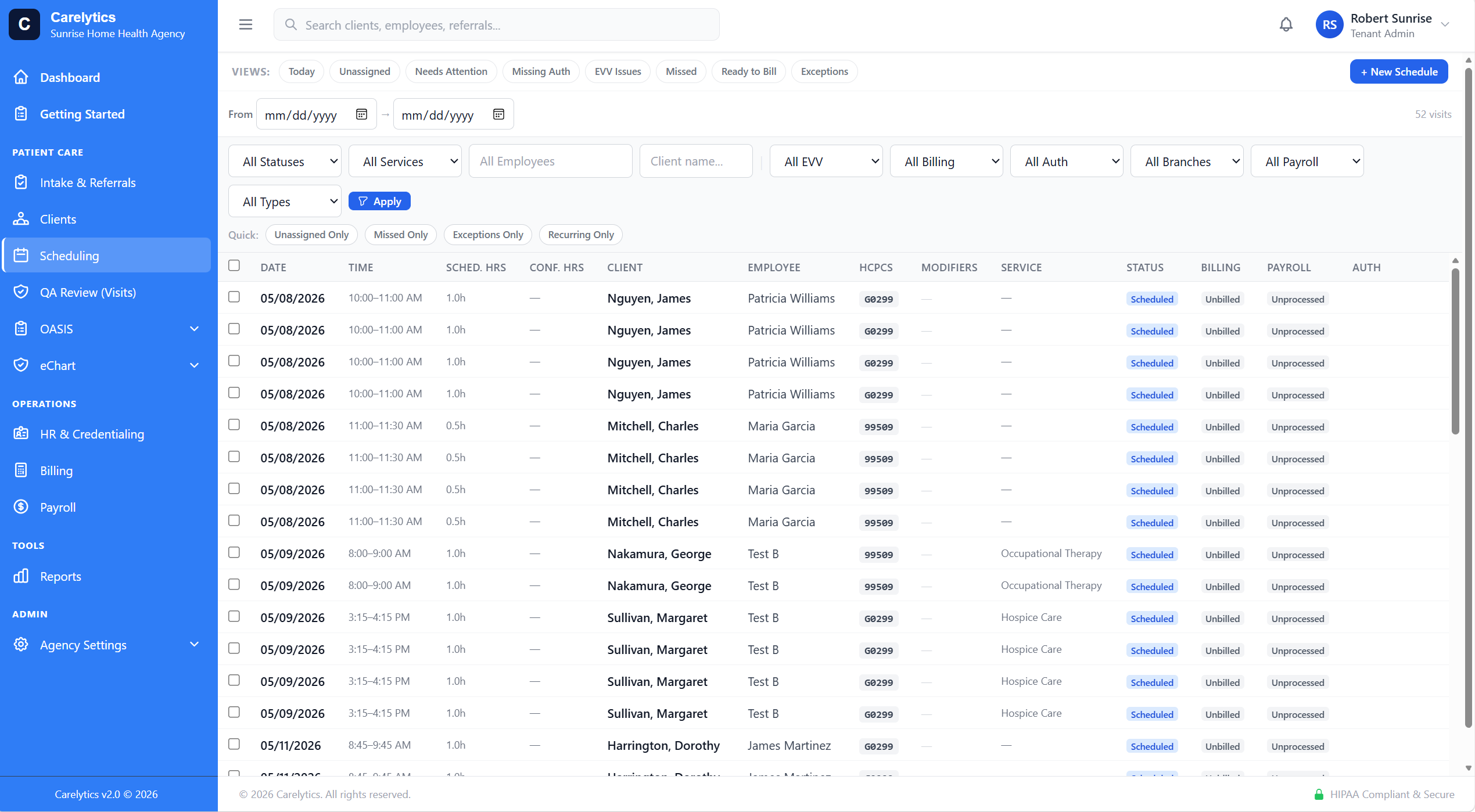 FullCalendar week view — visit cards with eChart status badges (Doc'd, Needs doc, Chart pending)